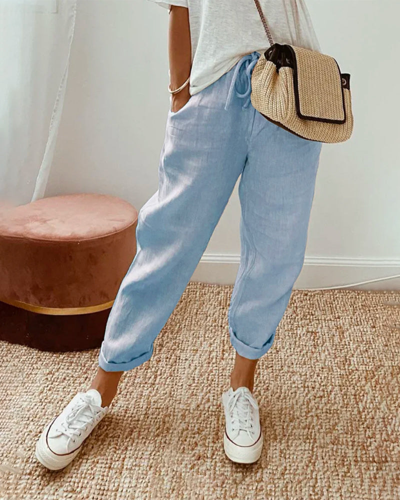 Damen Lässige Leinenhose | mit Kordelzug und Taschen