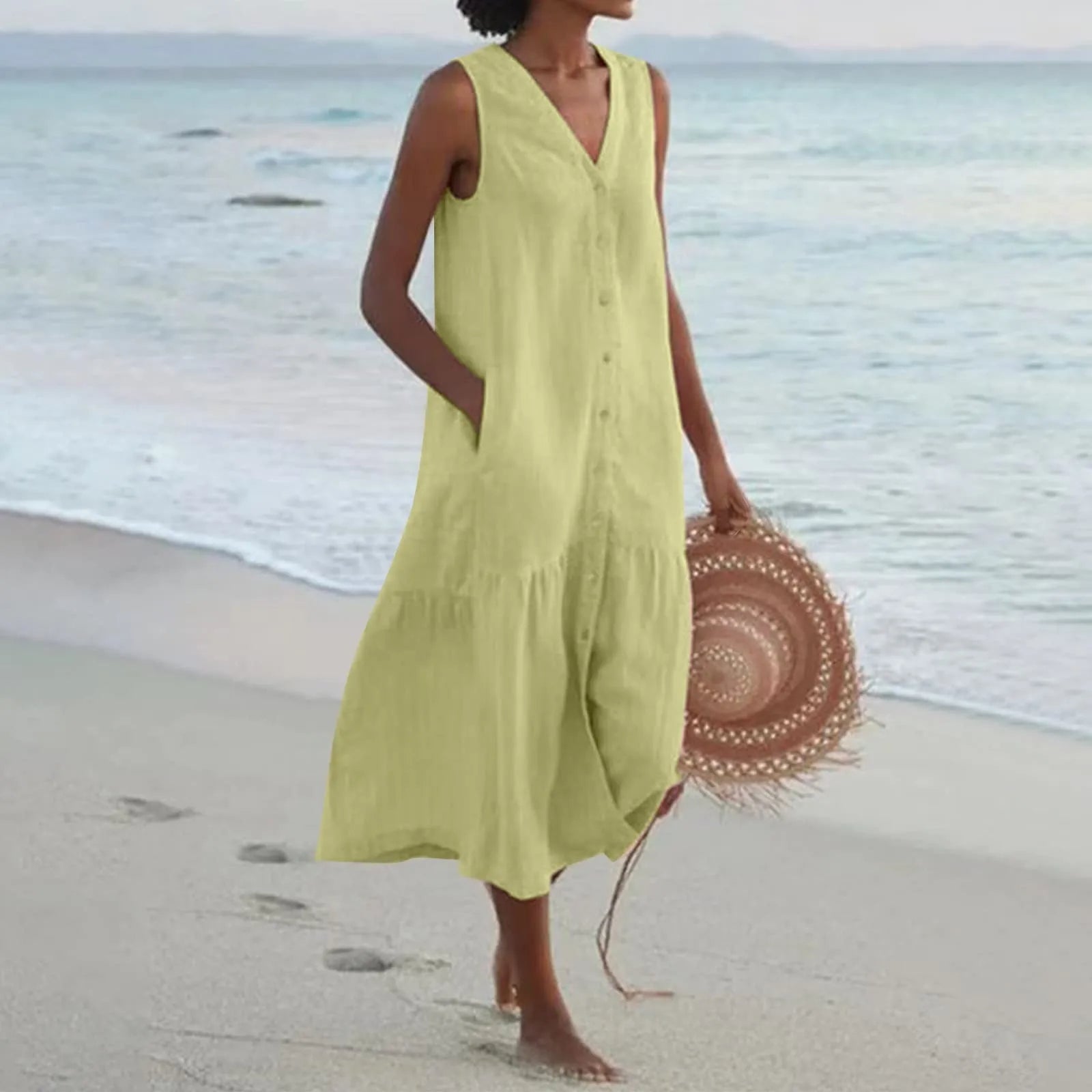 Damen Ärmellos V-Ausschnitt Strandkleid | Midi