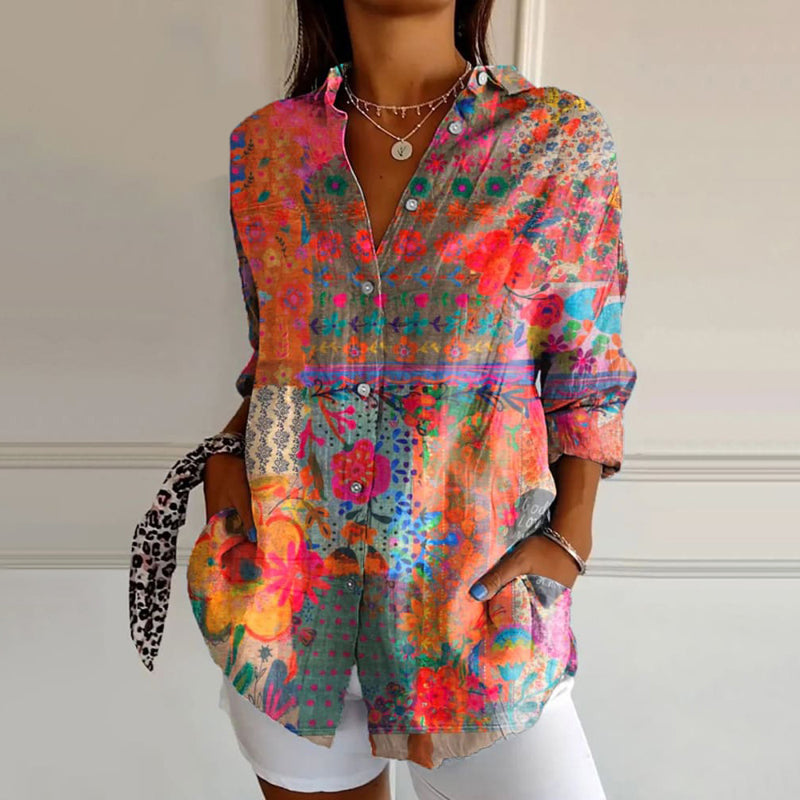 Damen Boho-Stil Blumenmuster Bluse | Langärmlig