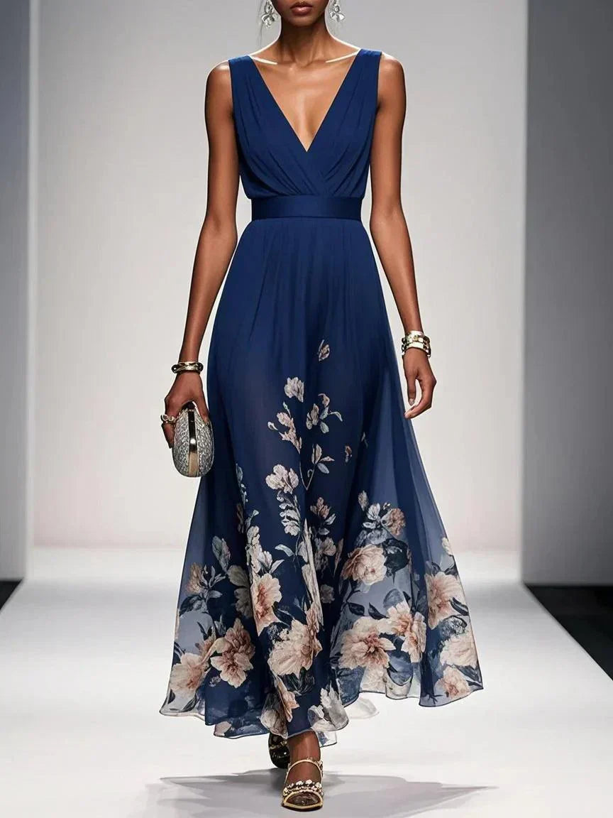 Damen Blumen Ärmellos V-Ausschnitt Hochzeitsgast Kleid | Maxi