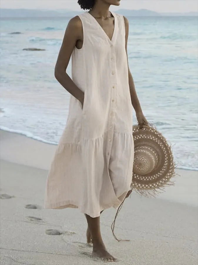 Damen Ärmellos V-Ausschnitt Strandkleid | Midi
