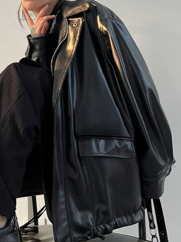 Retro Oversized Schwarze Faux Lederjacke mit Reißverschluss