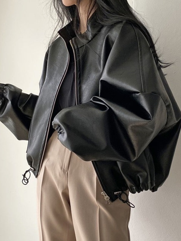 Vintage Schwarze Lederjacke mit Kordelzug und Kragenkragen