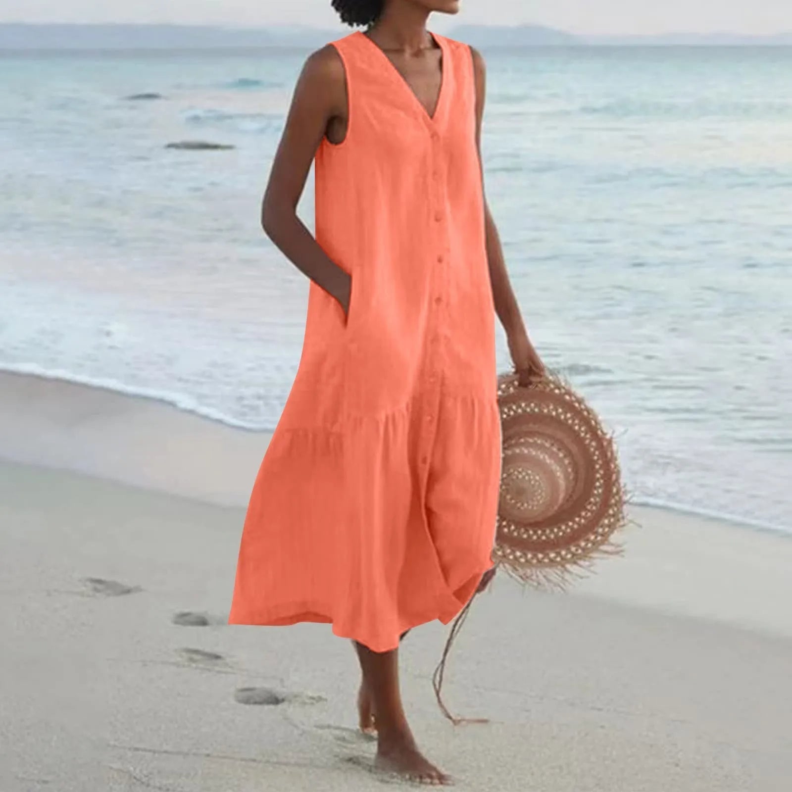Damen Ärmellos V-Ausschnitt Strandkleid | Midi