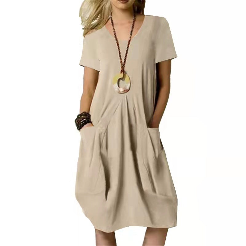 Damen Kurze Ärmel Midikleid | Mit Taschen