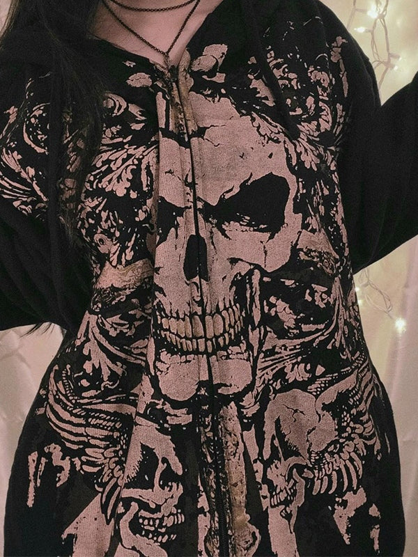Schwarze Vintage Totenkopf Print Zip Up Oversized Hoodie