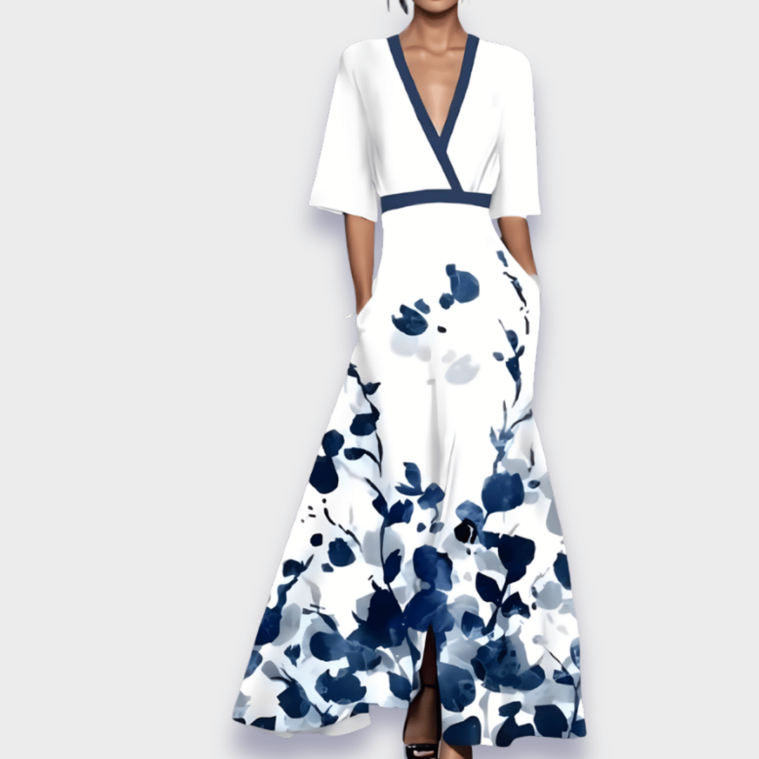 Damen Blumenmuster Wickel-Maxikleid | V-Ausschnitt