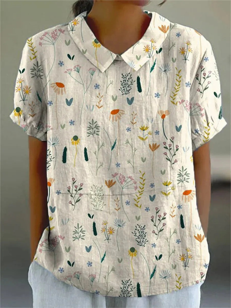 Damen Blumenmuster Kurzärmelige Bluse | mit Kragen