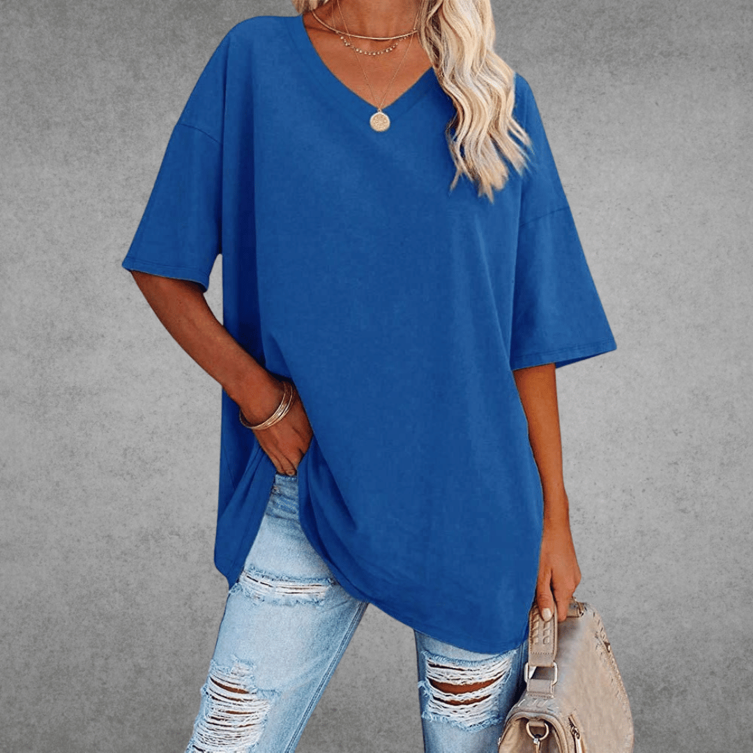 Damen Einfarbig V-Ausschnitt T-Shirt | Übergroß