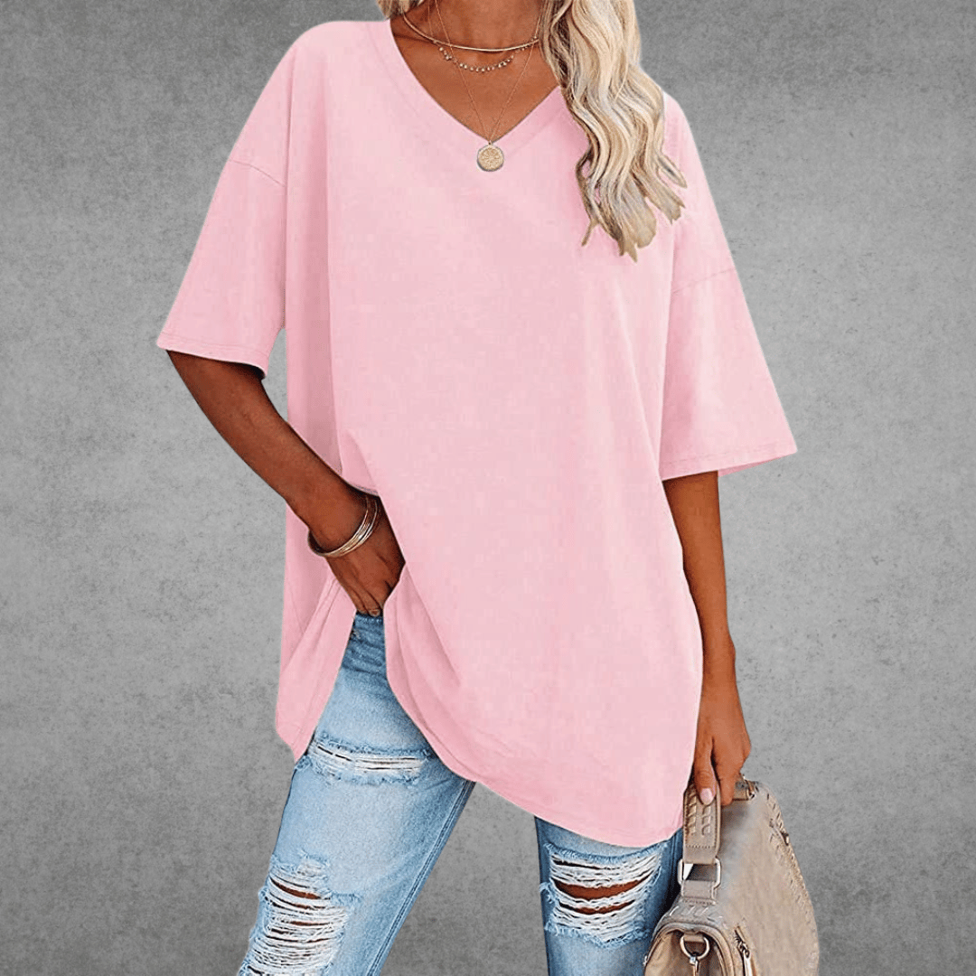 Damen Einfarbig V-Ausschnitt T-Shirt | Übergroß