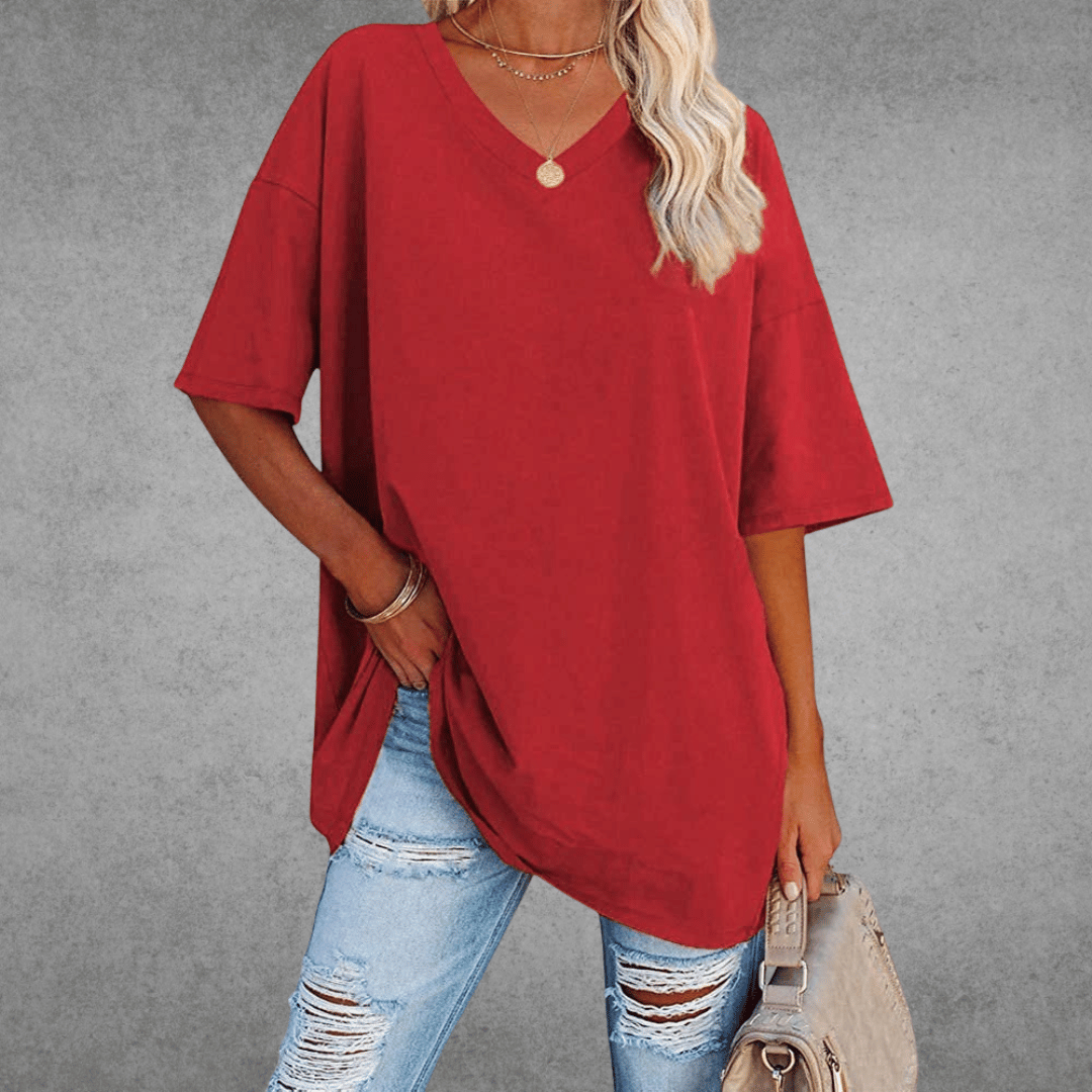 Damen Einfarbig V-Ausschnitt T-Shirt | Übergroß