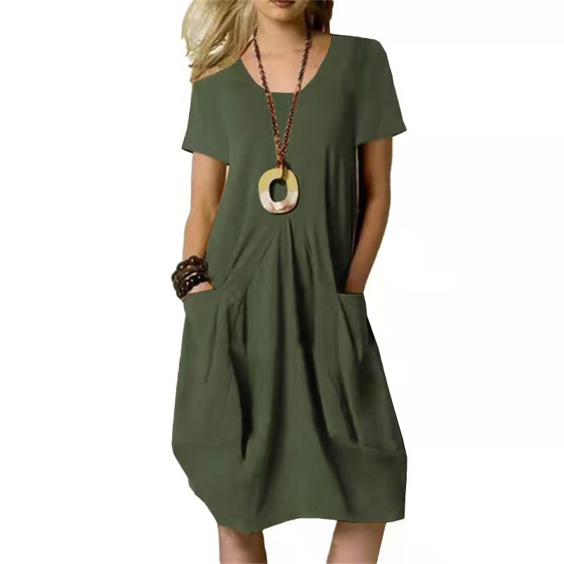 Damen Kurze Ärmel Midikleid | Mit Taschen