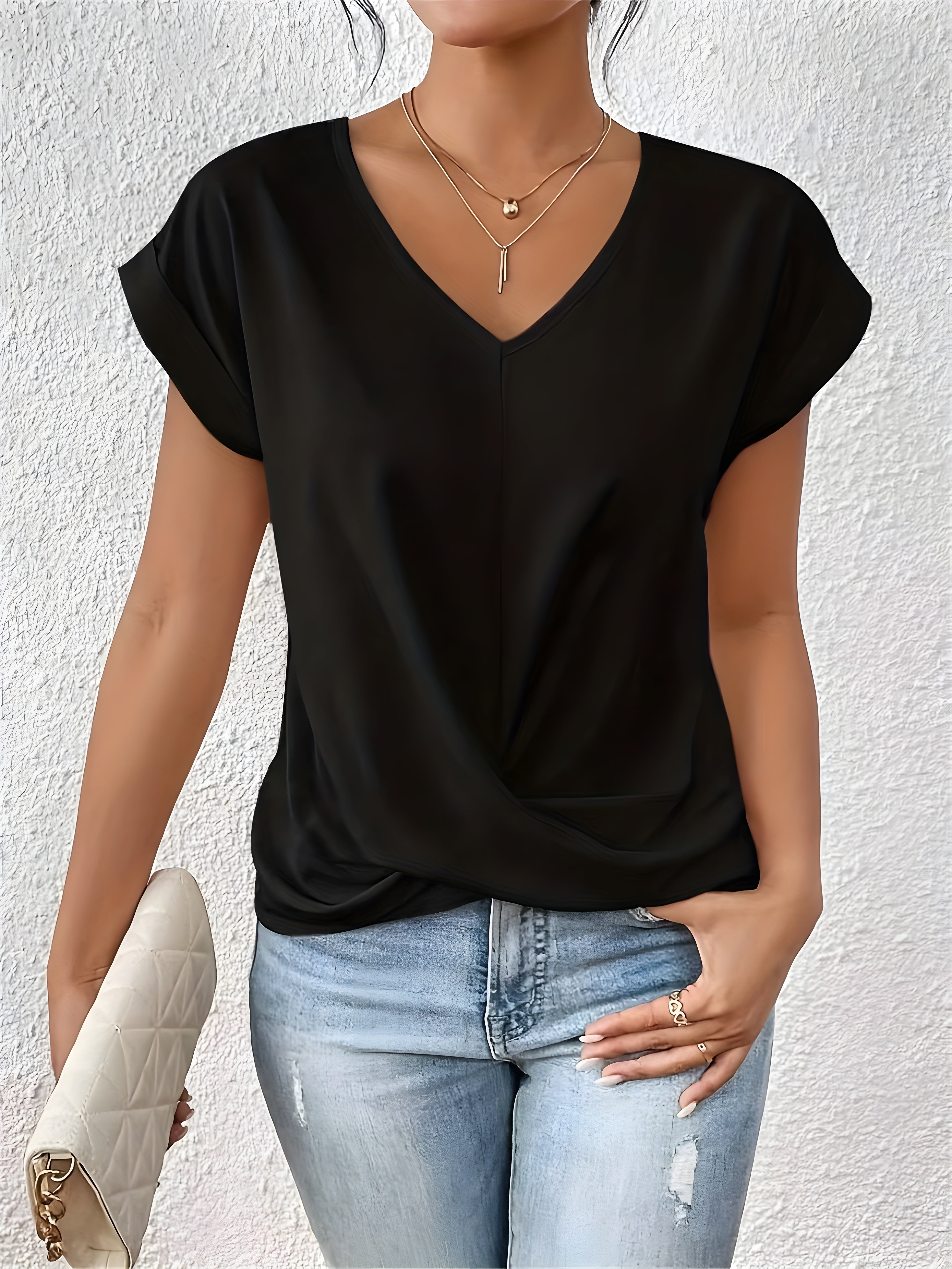 Damen Einfarbig V-Ausschnitt T-Shirt | Kurzarm