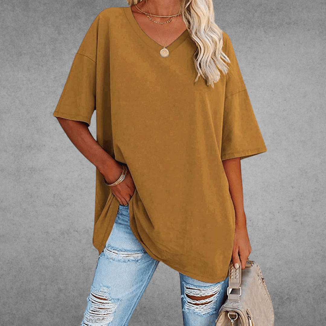 Damen Einfarbig V-Ausschnitt T-Shirt | Übergroß