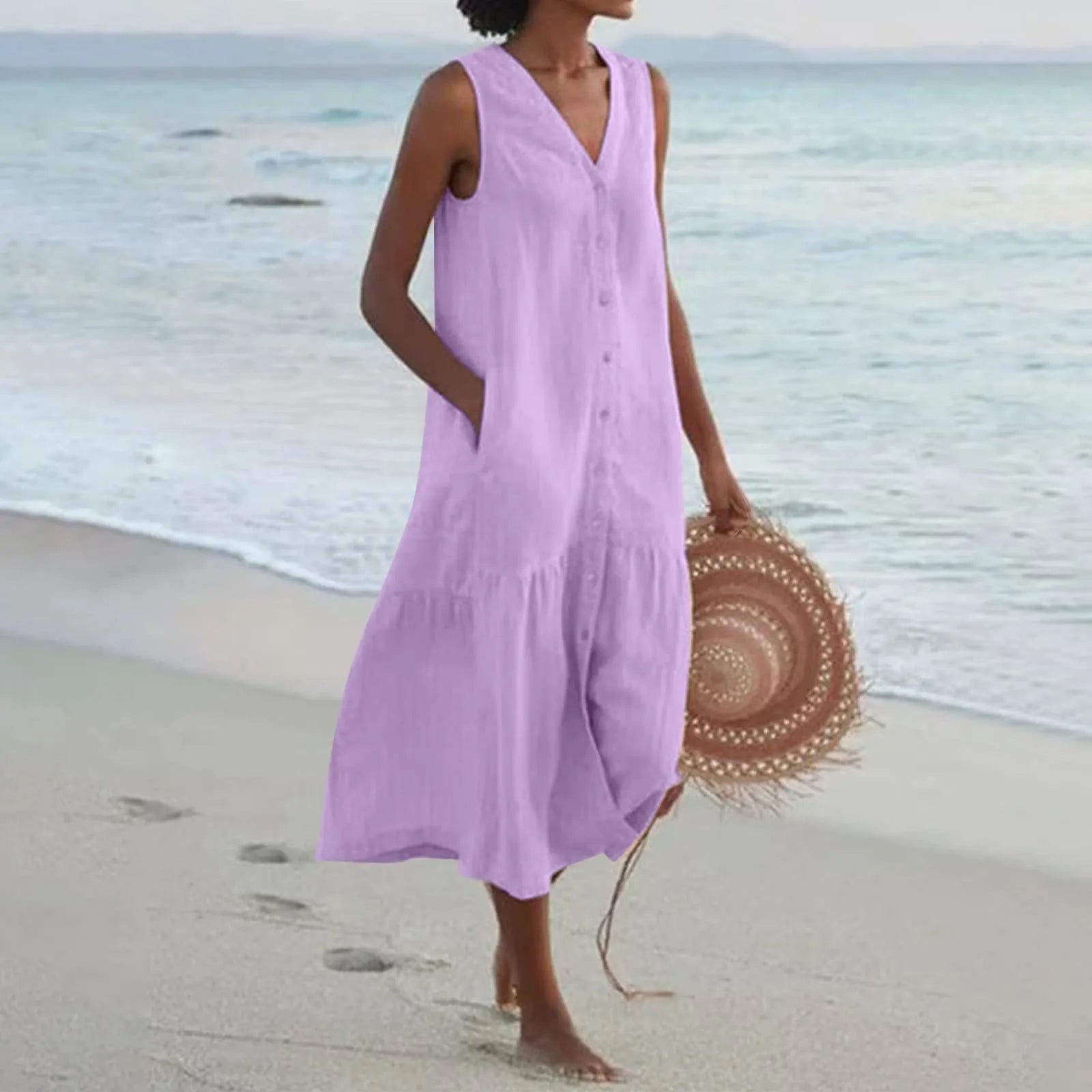 Damen Ärmellos V-Ausschnitt Strandkleid | Midi