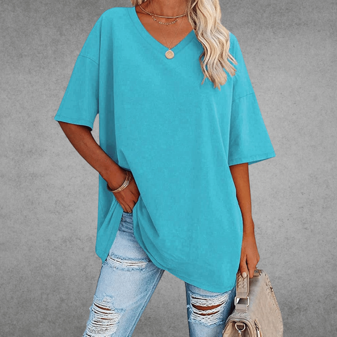 Damen Einfarbig V-Ausschnitt T-Shirt | Übergroß