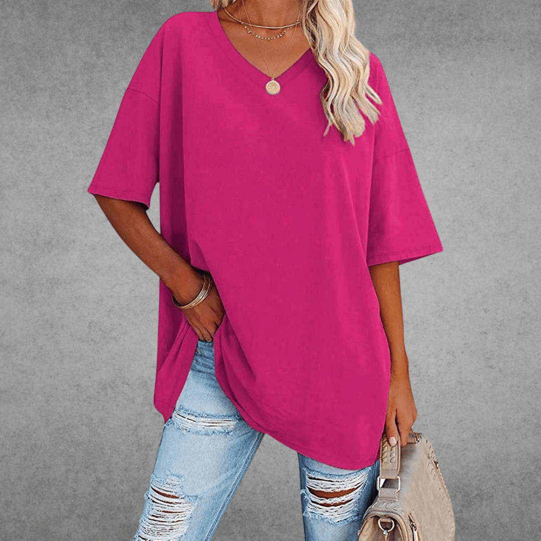 Damen Einfarbig V-Ausschnitt T-Shirt | Übergroß