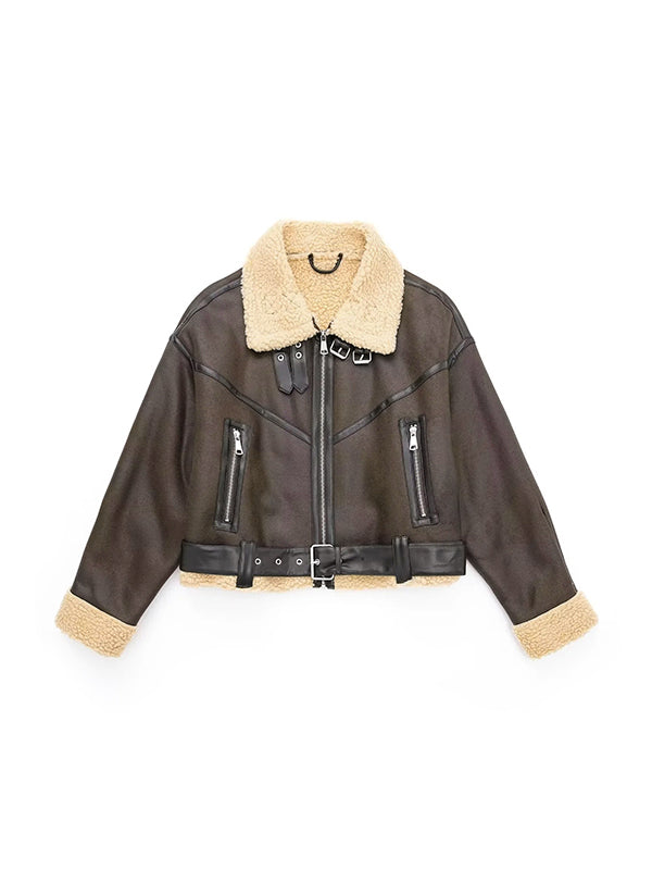 Klassische Braune Lederjacke mit Lammwoll Futter und Leder Splice