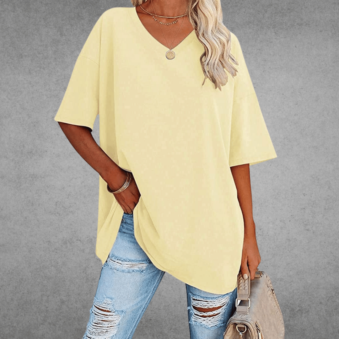 Damen Einfarbig V-Ausschnitt T-Shirt | Übergroß