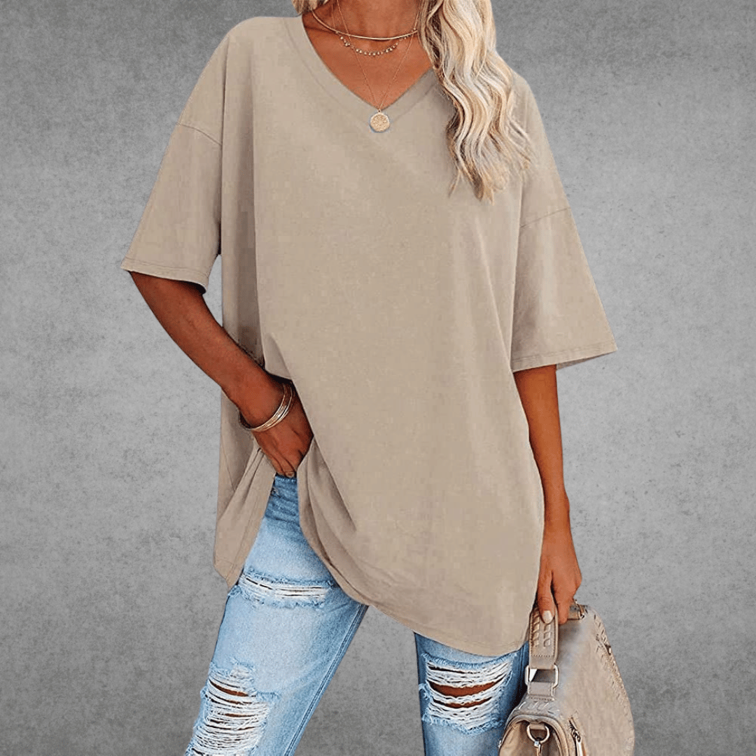 Damen Einfarbig V-Ausschnitt T-Shirt | Übergroß