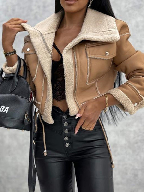 Einfarbige Vintage Lammwolle Kurzjacke mit Reißverschluss