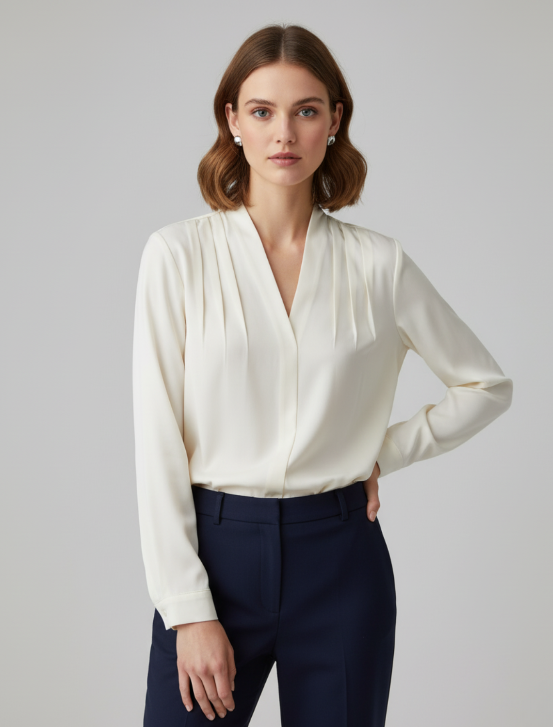 Damen V-Ausschnitt Plisseebluse | Langärmelig