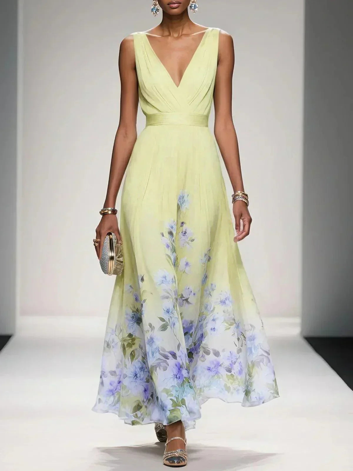 Damen Blumen Ärmellos V-Ausschnitt Hochzeitsgast Kleid | Maxi