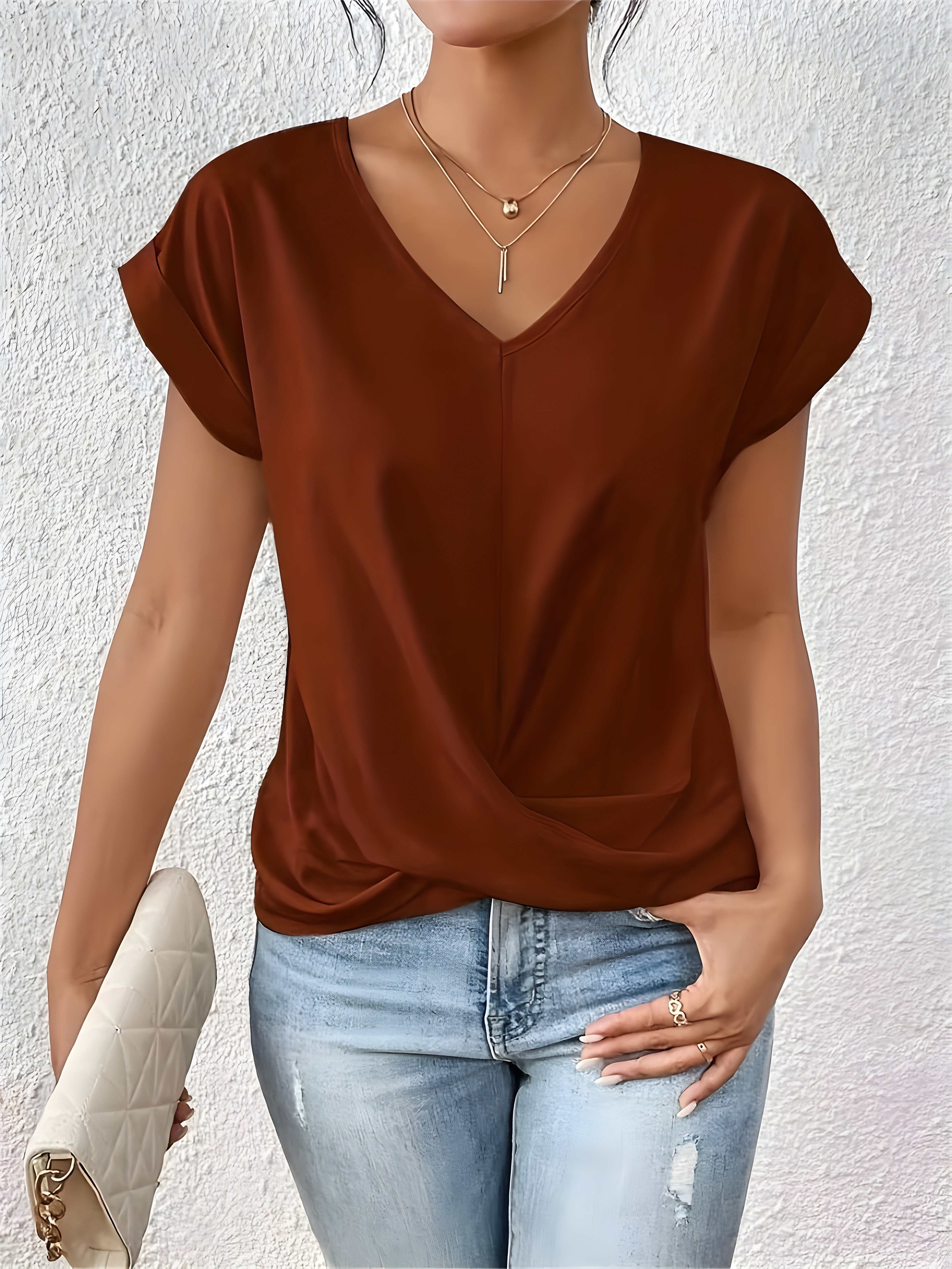 Damen Einfarbig V-Ausschnitt T-Shirt | Kurzarm