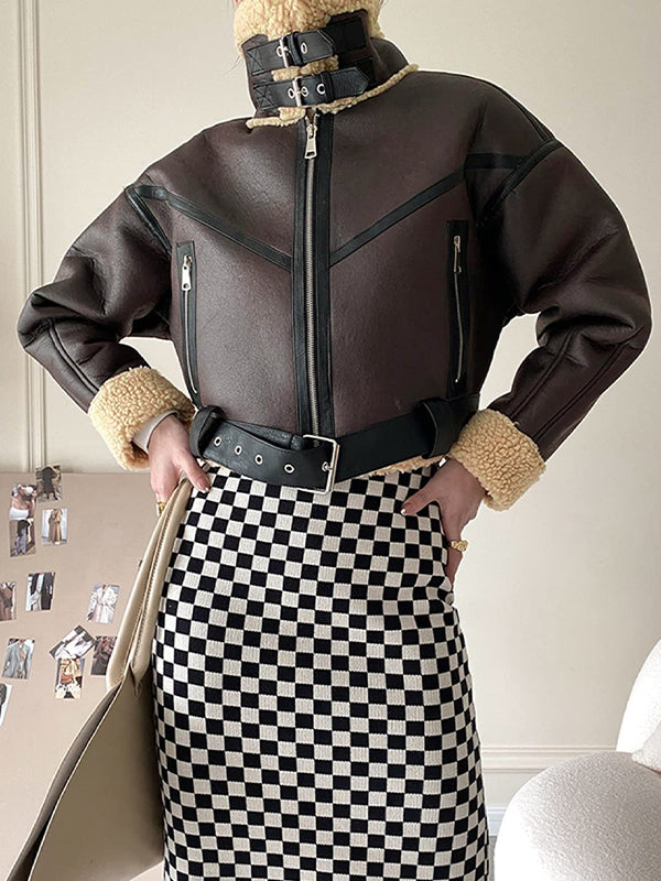 Klassische Braune Lederjacke mit Lammwoll Futter und Leder Splice