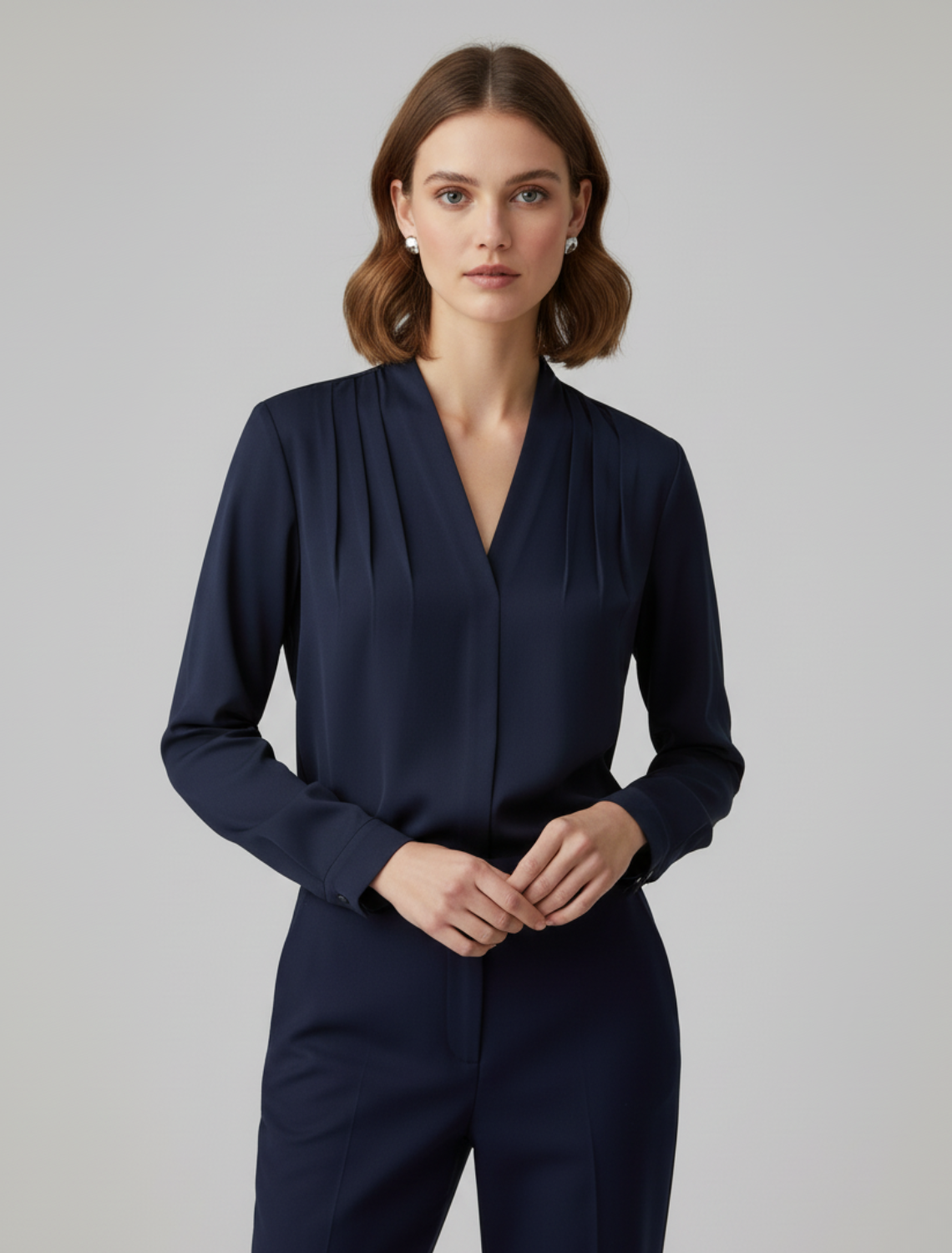 Damen V-Ausschnitt Plisseebluse | Langärmelig