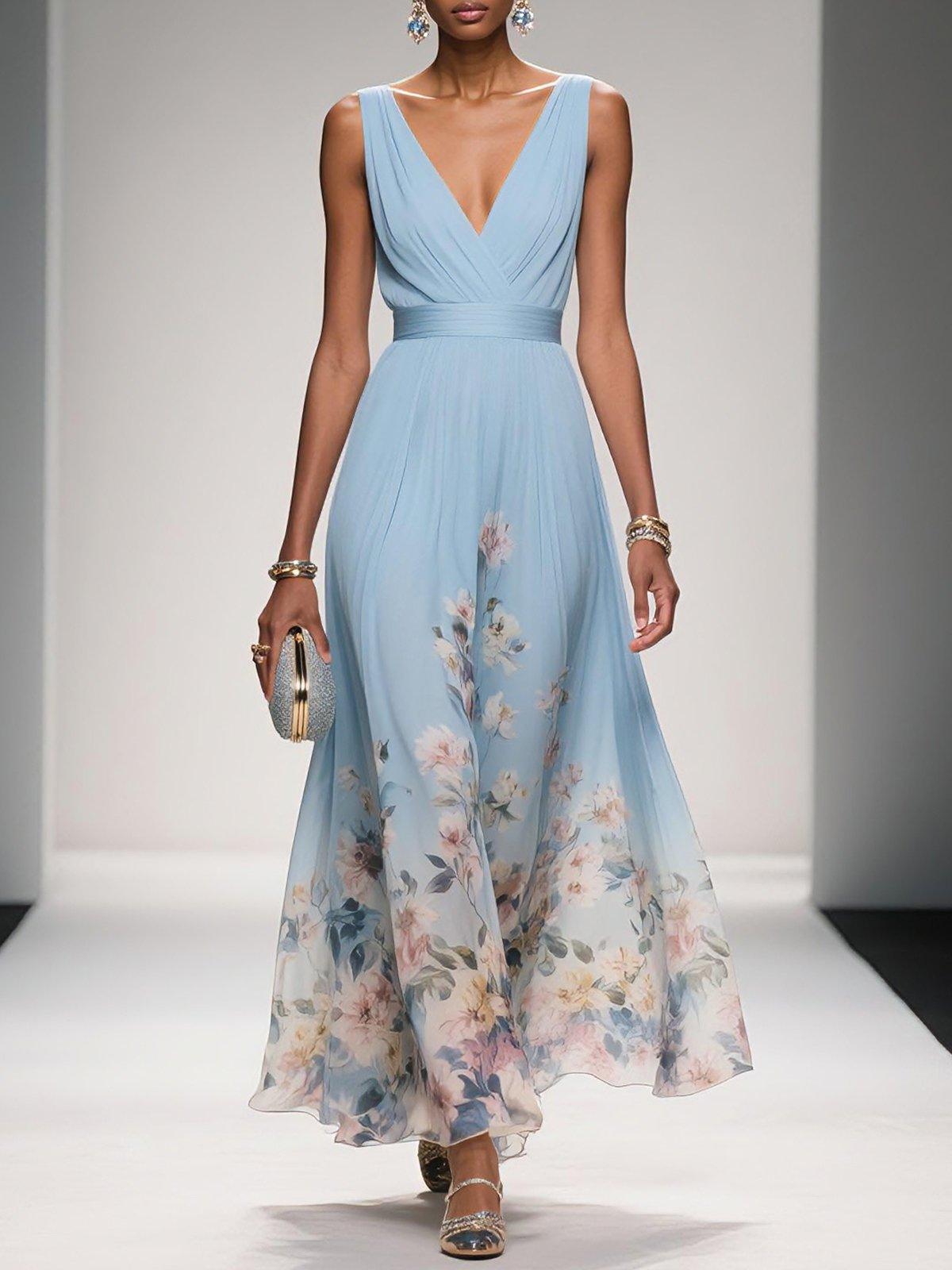 Damen Blumen Ärmellos V-Ausschnitt Hochzeitsgast Kleid | Maxi