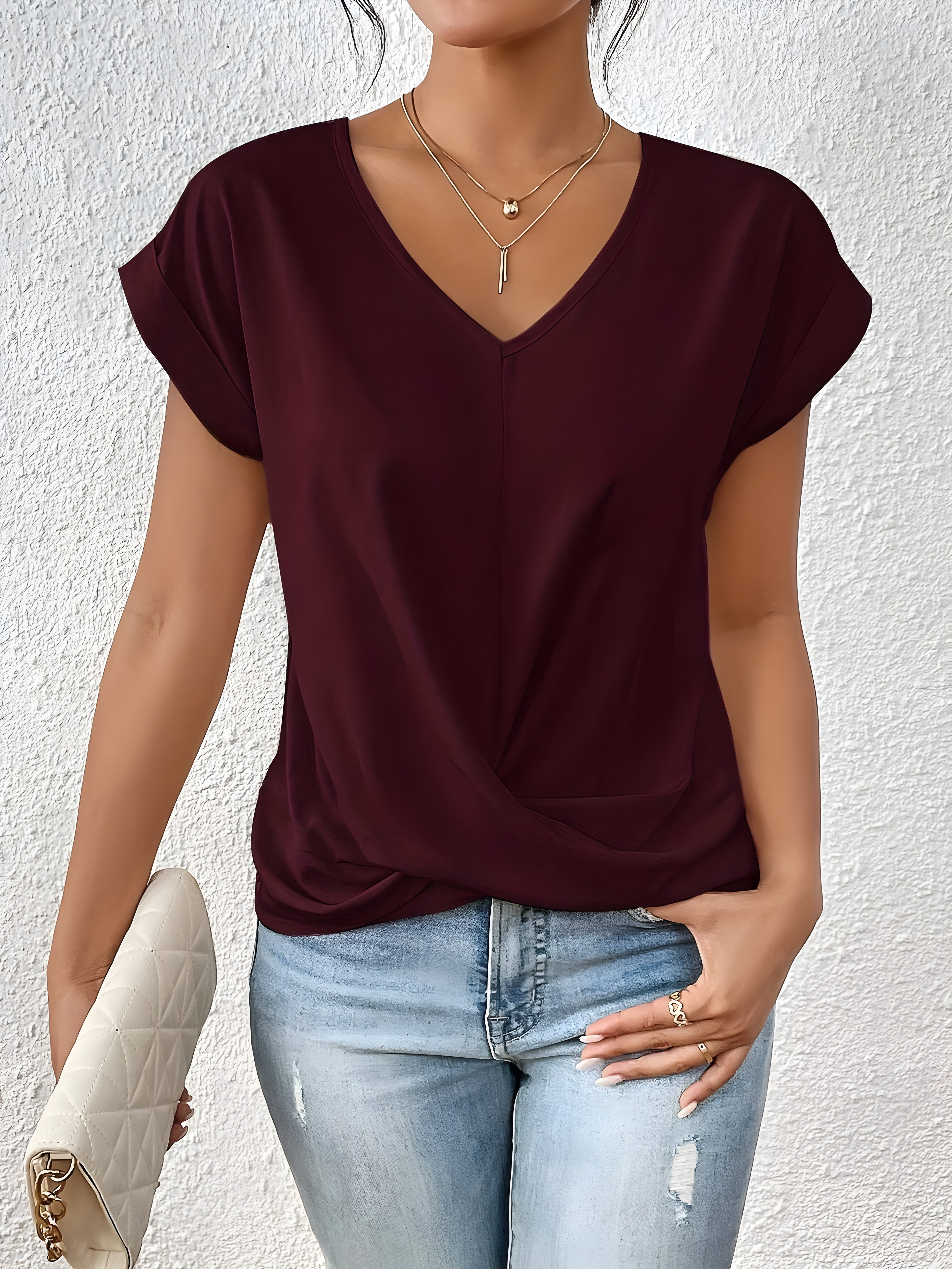 Damen Einfarbig V-Ausschnitt T-Shirt | Kurzarm