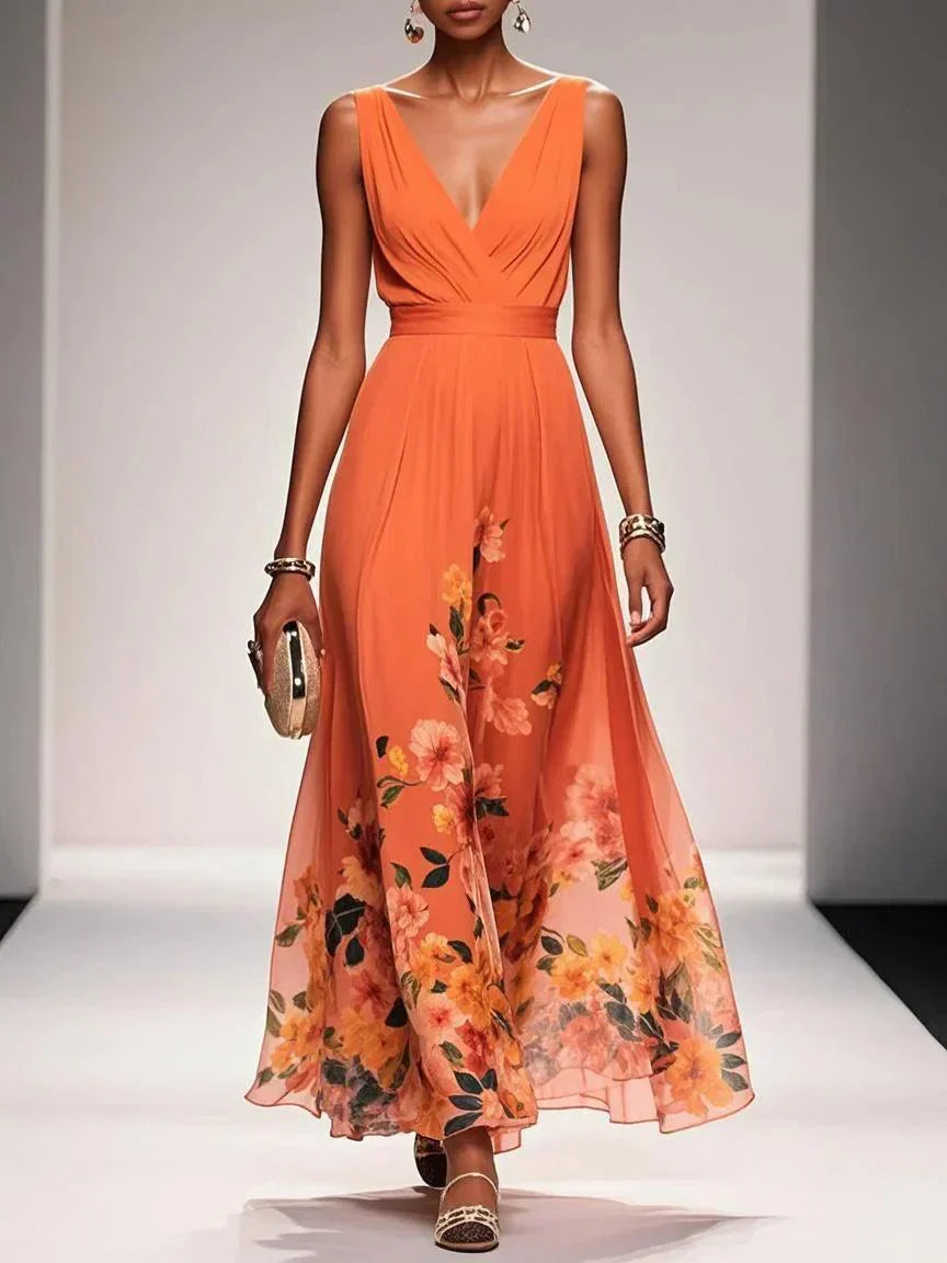 Damen Blumen Ärmellos V-Ausschnitt Hochzeitsgast Kleid | Maxi