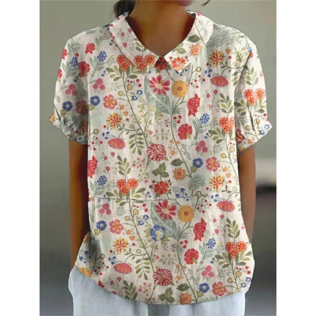 Damen Lässige Blumenmuster Bluse | Kurze Puffärmel