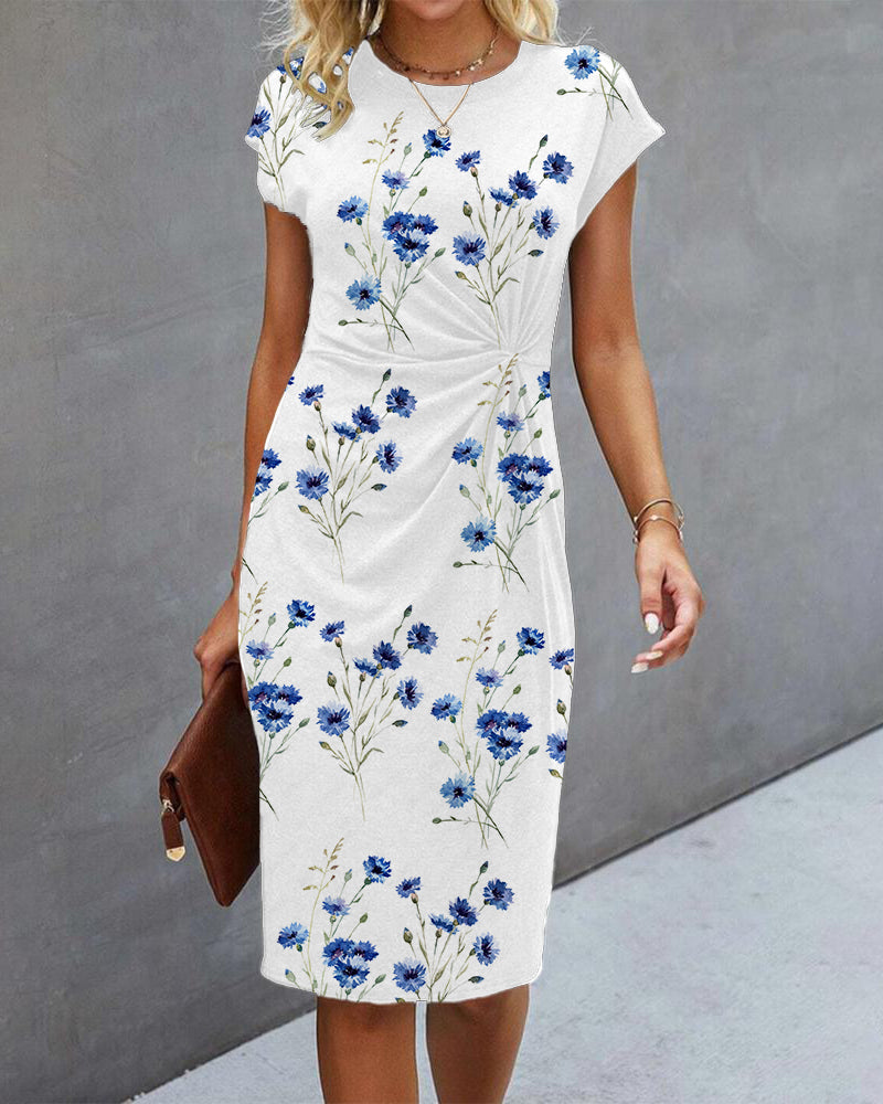 Damen Blumenmuster Kurzen Ärmeln Wickelkleid | Midi