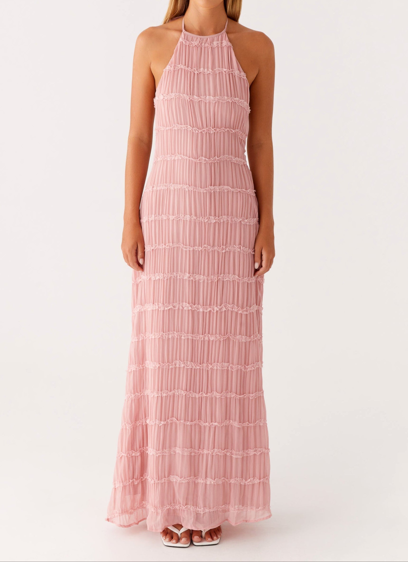 Plissiertes Maxikleid mit Neckholder für Damen – Rosa