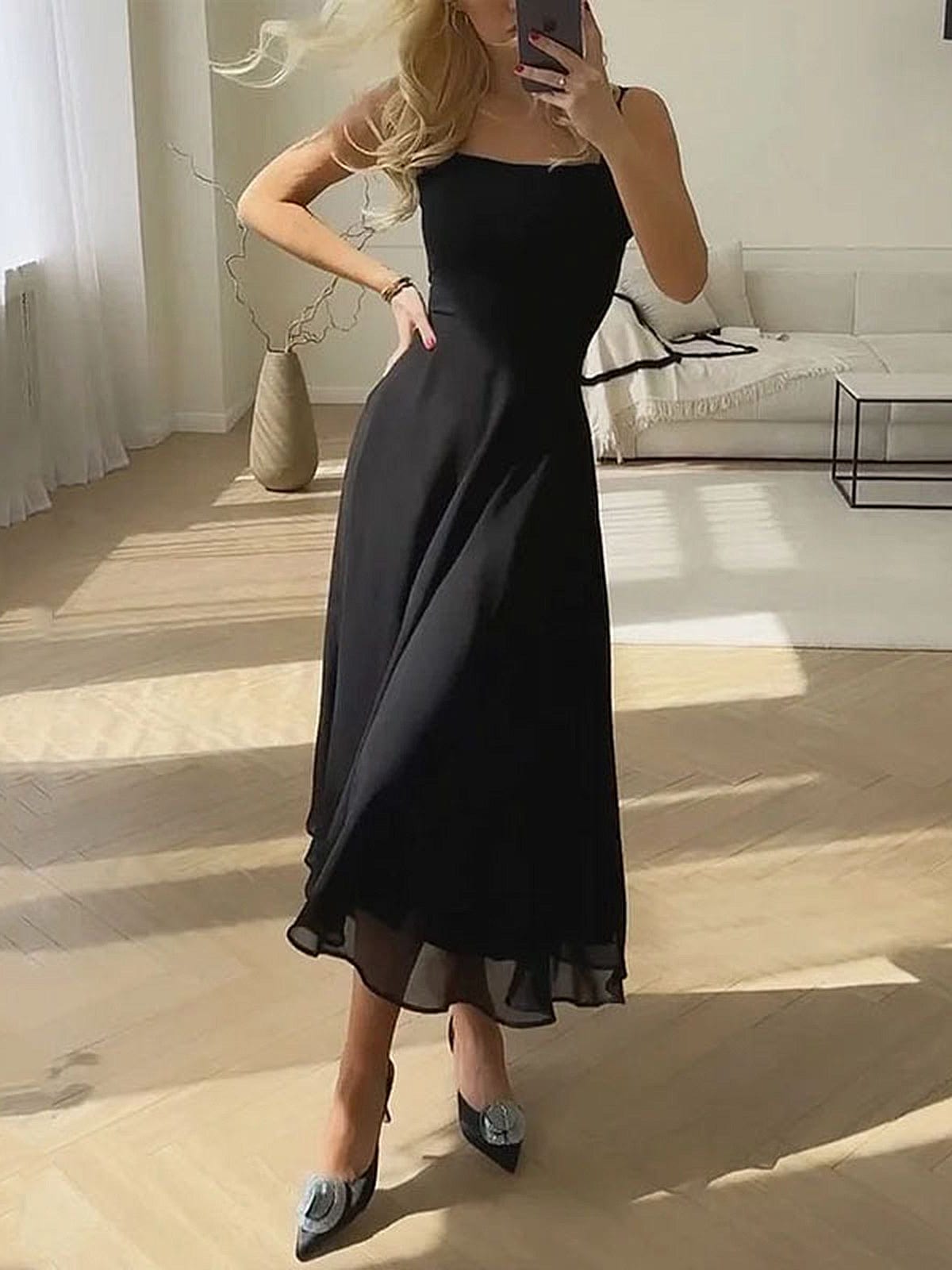 Damen Ärmelloses Midi Kleid | Quadratischer Hals A-Linie