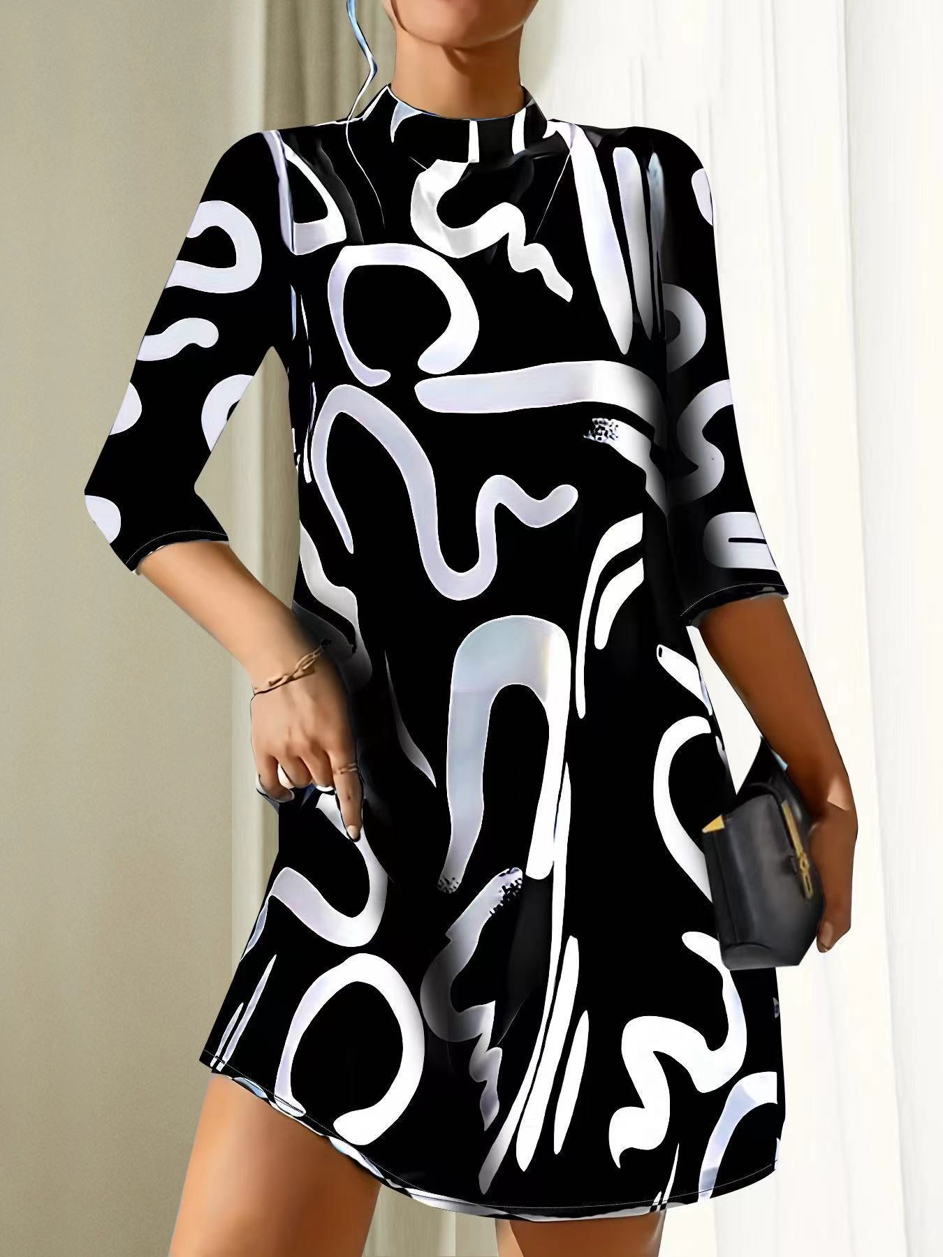 Damen Lässig Locker Sitzendes Stehkragen Kleid | 3/4 Ärmel