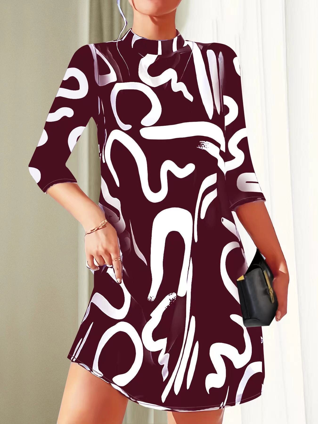 Damen Lässig Locker Sitzendes Stehkragen Kleid | 3/4 Ärmel