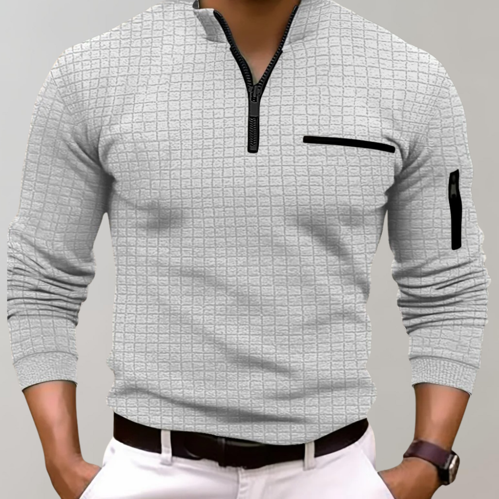 Herren Karomuster Stehkragen Langarm Polo-Shirt | mit Viertelreißverschluss