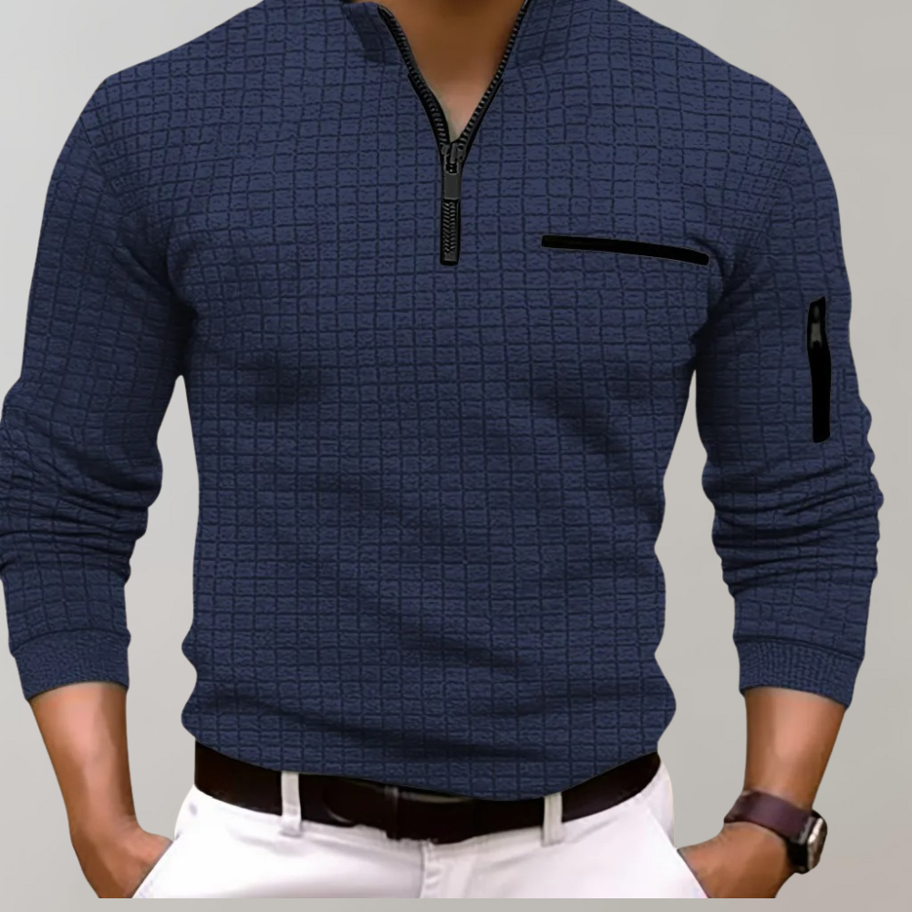 Herren Karomuster Stehkragen Langarm Polo-Shirt | mit Viertelreißverschluss