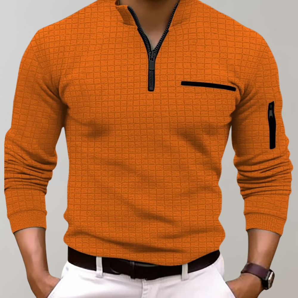 Herren Karomuster Stehkragen Langarm Polo-Shirt | mit Viertelreißverschluss
