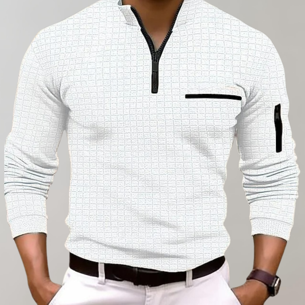 Herren Karomuster Stehkragen Langarm Polo-Shirt | mit Viertelreißverschluss