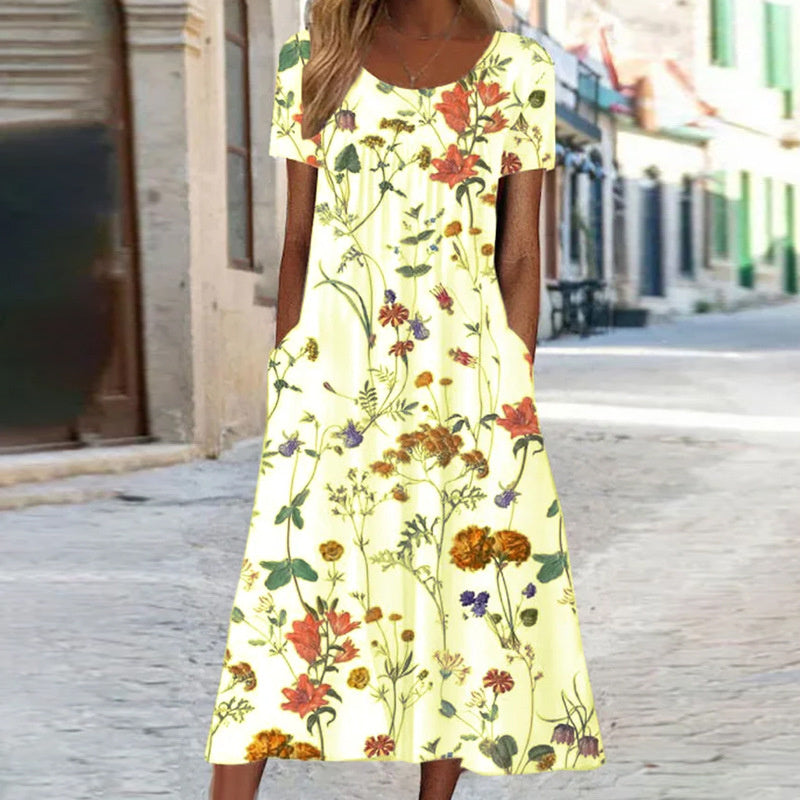 Damen Blumenmuster Sommerkleid mit Taschen | Midi