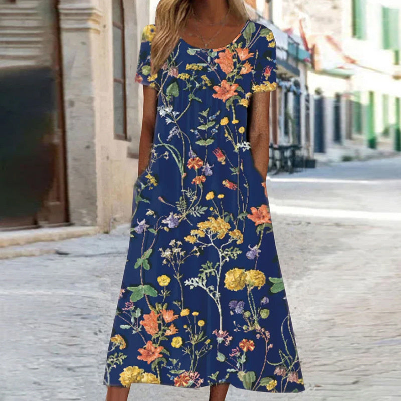Damen Blumenmuster Sommerkleid mit Taschen | Midi