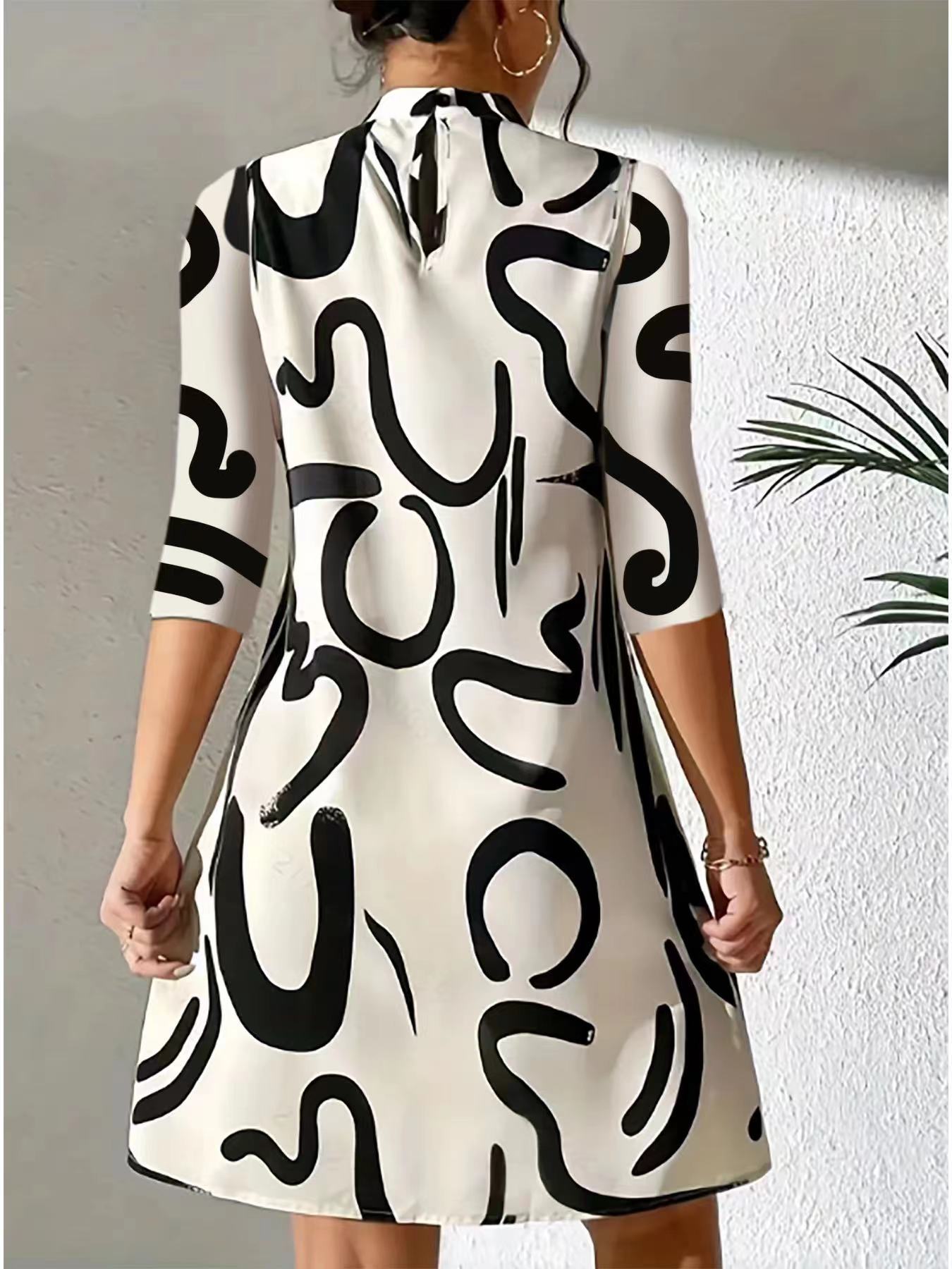 Damen Lässig Locker Sitzendes Stehkragen Kleid | 3/4 Ärmel