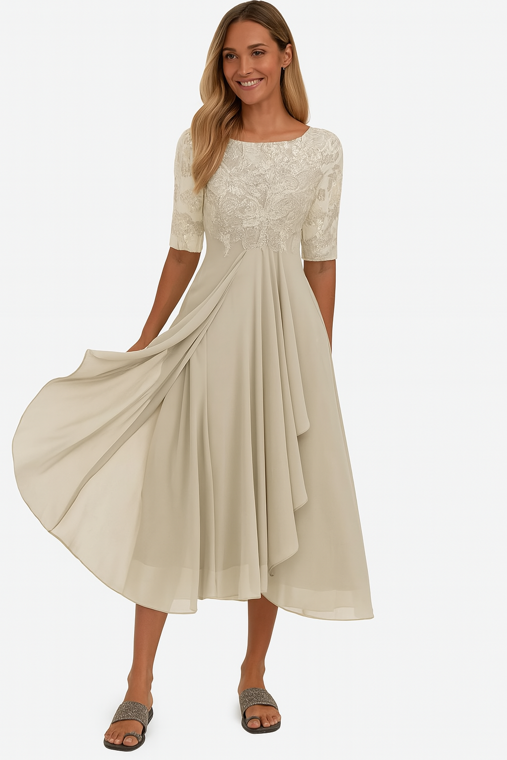 Damen 3/4-Ärmel Hochzeitsgast Kleid | Midi