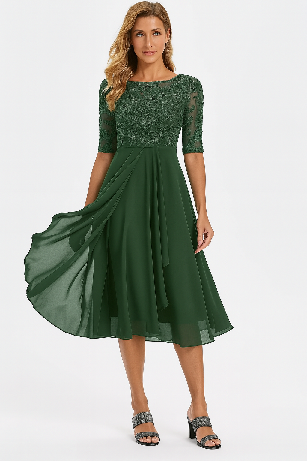 Damen 3/4-Ärmel Hochzeitsgast Kleid | Midi