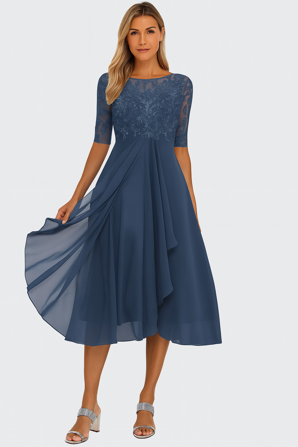 Damen 3/4-Ärmel Hochzeitsgast Kleid | Midi