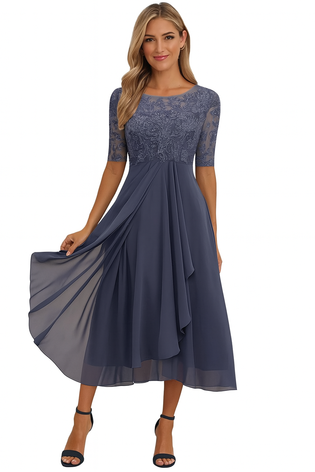 Damen 3/4-Ärmel Hochzeitsgast Kleid | Midi